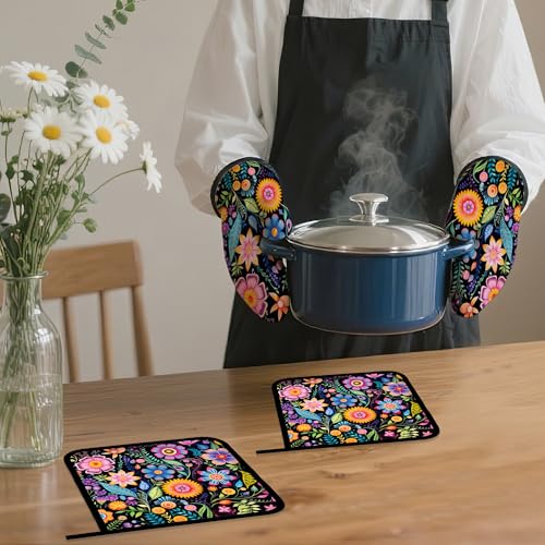 Vintage Hippie Flower Oven Mitts and Pot Holders (4 Count)