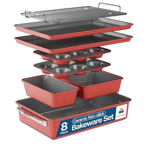 Bakken 8 Piece Ceramic Coated Bakeware Sets (Pink)