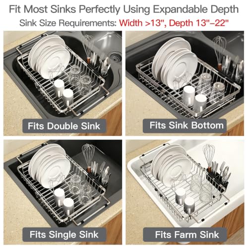 Expandable Dish Drying Rack Over Sink with Extra Drying Mat (Silver / For 13"-30" W Sink with Mat)