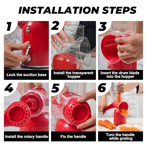 Rotary Cheese Grater 5 Blades Mandoline Slicer for Vegetable (Red)