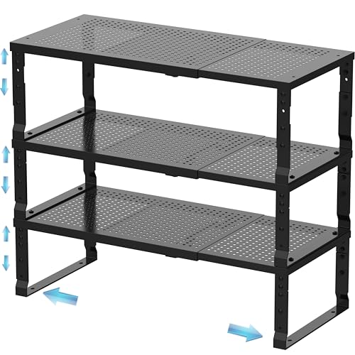 Expandable Spice Rack & Kitchen Cabinet Organizer (3 Packs/Black / Medium:7.8"D x 16.5"W x 6.2"H)