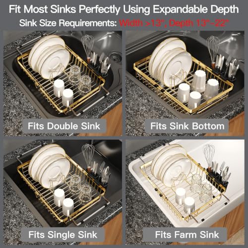 Gold Expandable Dish Drying Rack Over Sink with Extra Drying Mat (Gold / For 13"-30" W Sink with Mat)