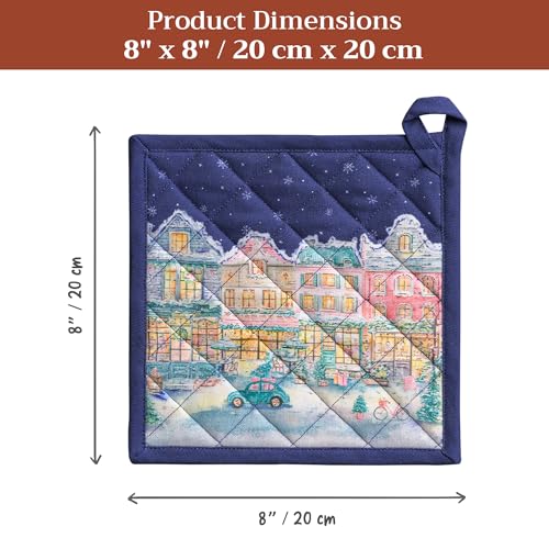 Pot Holders 100% Cotton Potholders (123 - Christmas Market - Blue / 8" x 8" (Pot Holder Pack of 2))