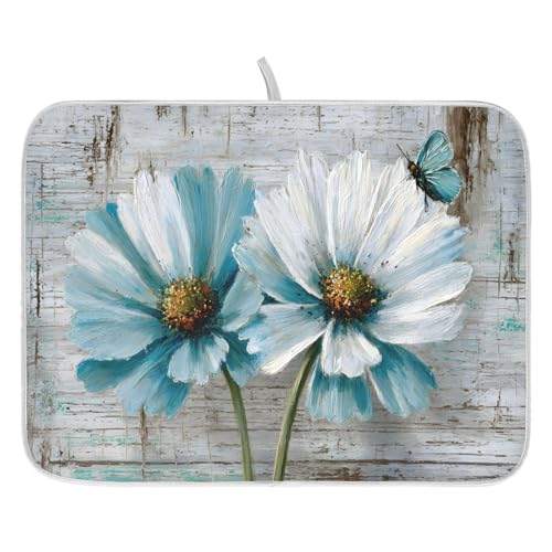 Rustic Teal White Daisy on Vintage Wooden Dish Drying Mat for Kitchen Counter Absorbent Microfiber Large Drying Pad Dish Mats for Kitchen Countertops 18 x 24 Inch (24" x 18")