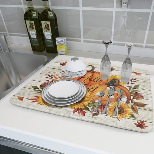 Hello Fall Dish Drying Mat Autumn Pumpkin Dish Drainer Rack Mats 18"x24" Fast Dry Microfiber Dish Drying Pad for Kitchen Countertop Table (Pumpkin Sunflower / 18" x 24")