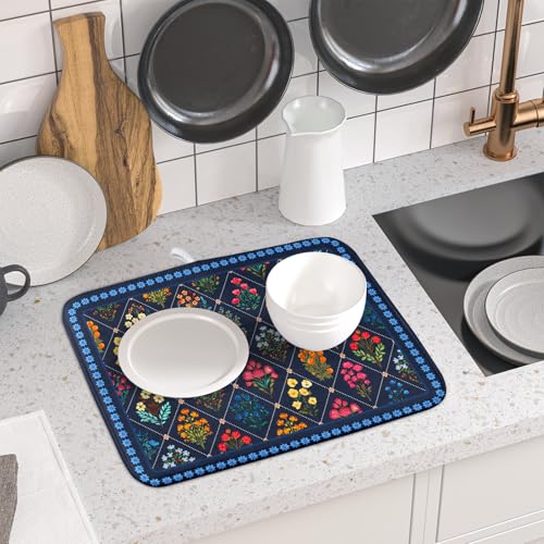 Lapis Blue Dish Drying Mat for Kitchen Counter Flowers Microfiber Absorbent Dish Draining Reusable Washable Small (Wildflowers Dark Blue / 18" x 16")