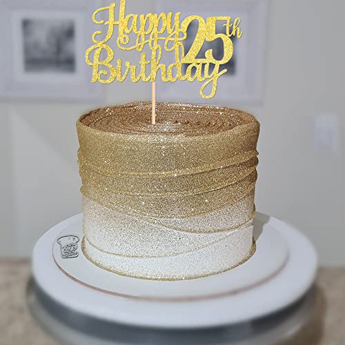 1 PCS Happy 25th Birthday Cake Topper Gold Glitter Cheers to 25 Years Birthday Cake Pick 25 Fabulous Cake Decoration for Happy 25th Birthday Theme Party Decorations Supplies (Gold / 25th)