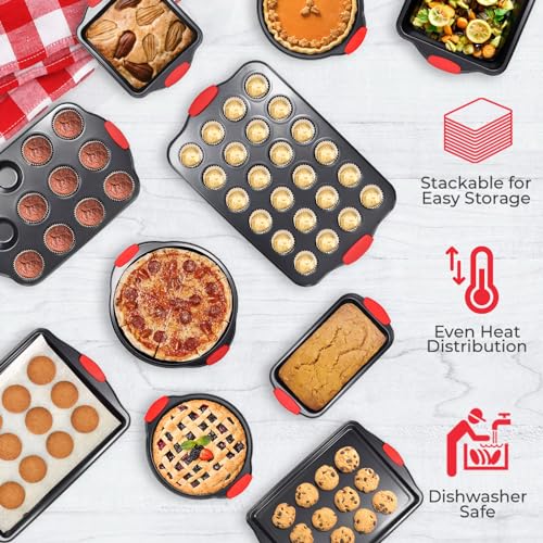 Non-Stick 10-Piece Baking Pan Set, BPA-Free Carbon Steel Bakeware Set with Silicone Handles, Stackable Kitchen Oven Set, Cookie Sheet, Baking Tray, Baking Sheet Set, Oven Safe (446°F) (10 Piece)