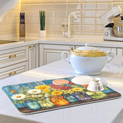 Daisy Flowers Vases Butterfly Dish Drying Mat for Kitchen Counter Absorbent Microfiber Drying Pad (16" x 18")
