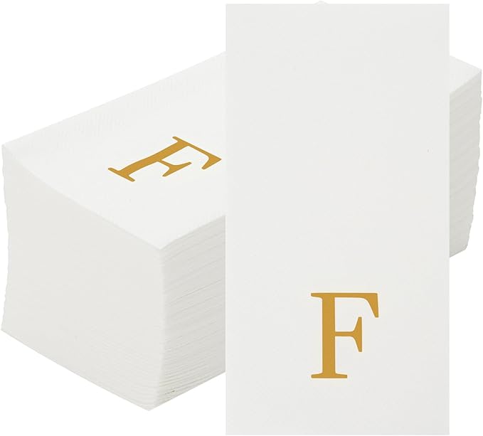 Luxenap 15.8 X 7.9 Inch Linen-Feel Guest Towels, 50 Lettered Hand Towels - Gold Letter 'F', Sans Serif Font, White Paper Dinner Napkins, airlaid, For Restrooms And Tables - Restaurantware