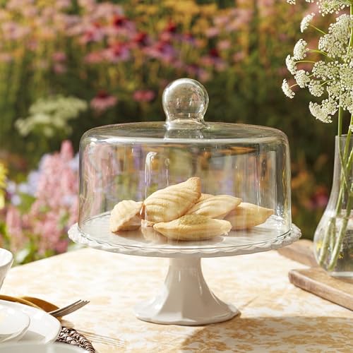 French Perle White Stoneware Cake Stand with Dome (Cake Plate / White)