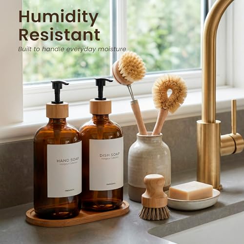 Dish Soap Dispenser Set (Amber Bottles Black Bamboo Pumps)