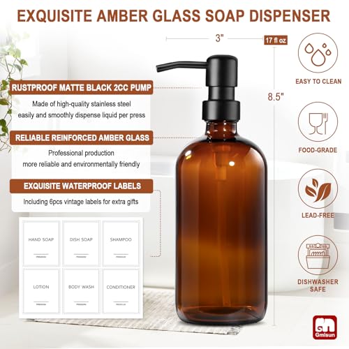 Shampoo and Conditioner Dispenser (Amber Bottle + Black Pump / 3 Pack)