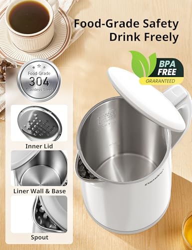 Stainless Steel Double Wall Electric Kettle 1.5L (1.6 Quarts / White)