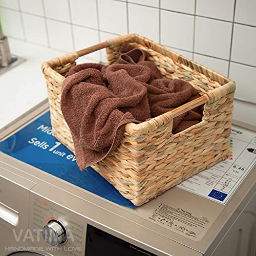 Large Wicker Basket Rectangular with Wooden Handles for Shelves (Water Hyacinth / 3-Pack Large (14.5"L x 10.3"W x 7.5"H))