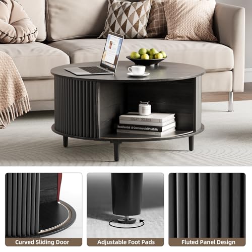Round Coffee Table with Storage for Living Room (Charcoal Black)
