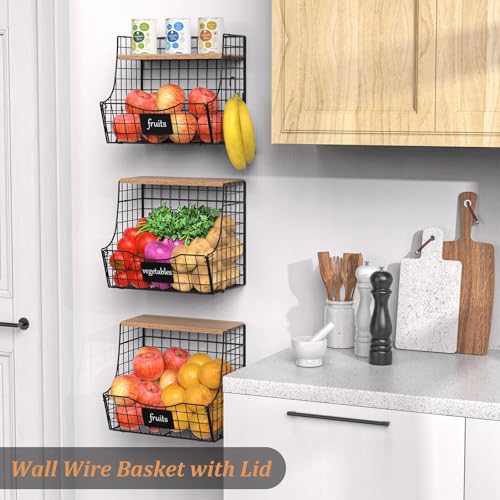 3 Pack wire Fruit Basket for Kitchen with Wood Lid (L-Black)