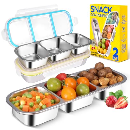 2 Pack Stainless Steel Snack Containers (3 compartment Blue Yellow)