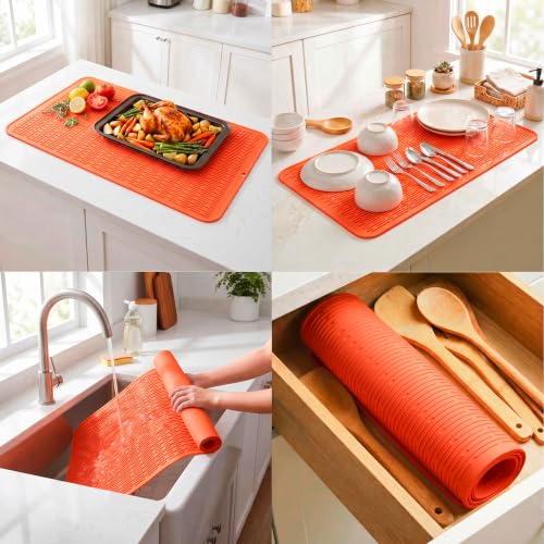Silicone Dish Drying Mat for Multiple Usage (Orange / 36"L x 18"W)