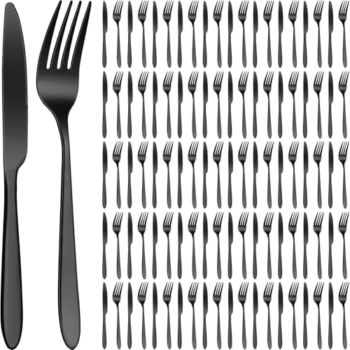 100 Pieces Stainless Steel forks and knives Dinner Flatware Set Tableware Cutlery for Butter Kitchen Restaurant (8.4 Inches, 7.1 Inches / Black)