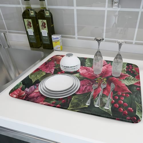 Winter Floral Dish Drying Mat (Holly Berries 4722 / 24" x 18")