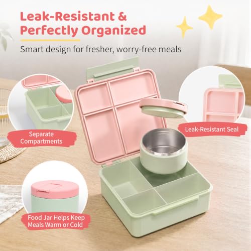 Bento Lunch Box with 8oz Soup Thermo (Green-Pink)