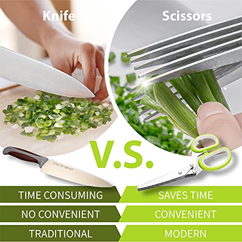 Herb Scissors with 5 Blades & Cleaning Kit (Green and White)