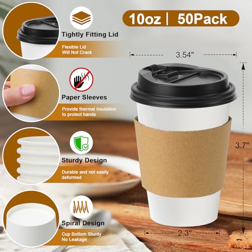 50 Pack 10 oz Disposable Coffee Cups With Lids and Sleeves (White / 10oz-50Pack)