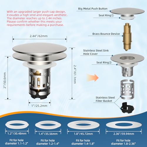 2 Pack Upgraded 3 in 1 Bathroom Sink Drain Strainer (Brushed Nickel)