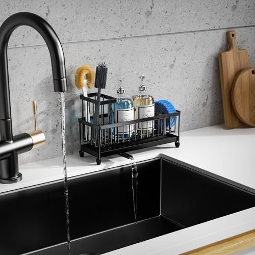 Extra Large Sponge Holder for Kitchen Sink Organizer Caddy (Black)