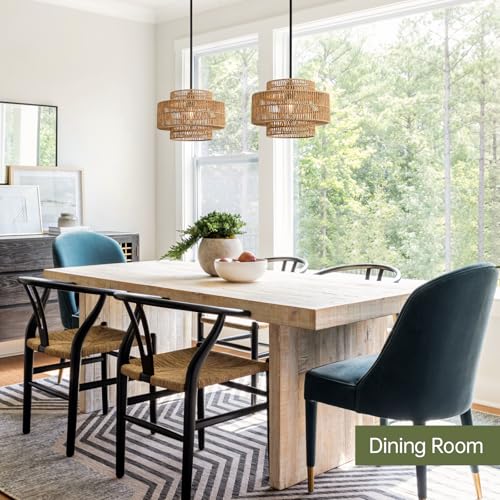 12.4" Rattan Pendant Light for Kitchen Island (Brown+Black Hardware / 12.4" 1-Light)
