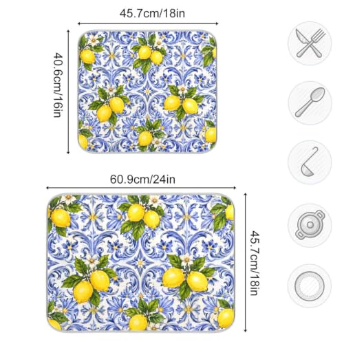 Lemon Blue Tiles Dish Drying Mat for Kitchen Counter Absorbent Microfiber Drying Pad (18" x 24")