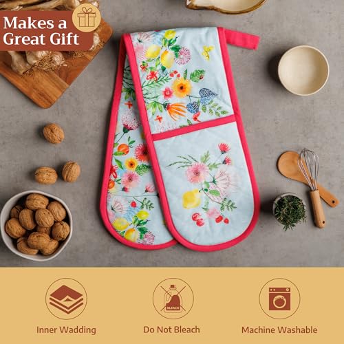 Double Oven Mitts 100% Cotton Double Oven Glove (093 - Jardin D'ete - Mint / 7" x 35" (Double Oven Mitt))