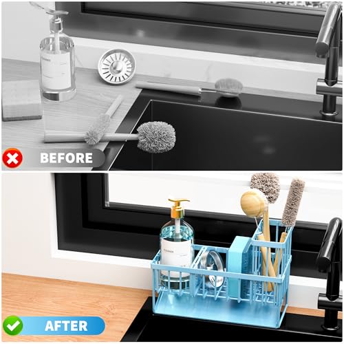 Blue Kitchen Sink Caddy Organzier with High Brush Holder