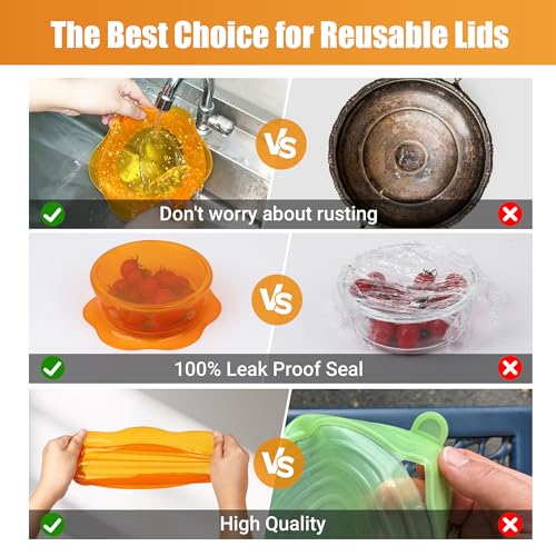 Silicone Stretch Lids for Food Storage in Fridge (6 Pcs Orange)