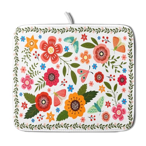 Colorful Boho Floral Dish Drying Mat 16x18 Inch Dishes Dry Pad Drainer Rack Mats Absorbent Hanging Loop Kitchen Counter Bar Accessories (White Boho Floral / 16" x 18")