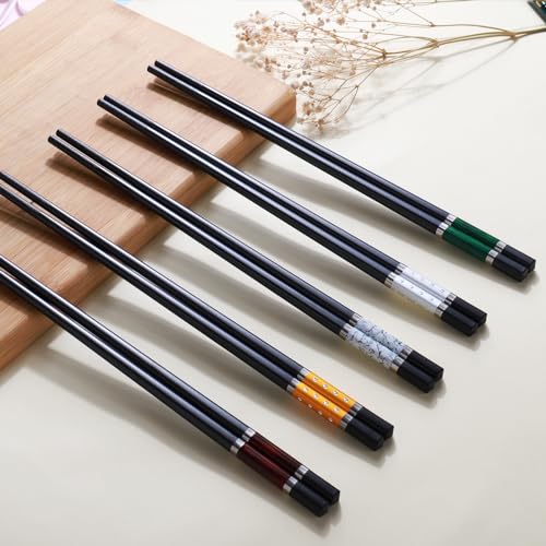 5 Pairs Premium Chopsticks Reusable Dishwasher Safe 9.5 Inch Fiberglass Chop Sticks Gift Set Non Slip Multi Color (Classic)