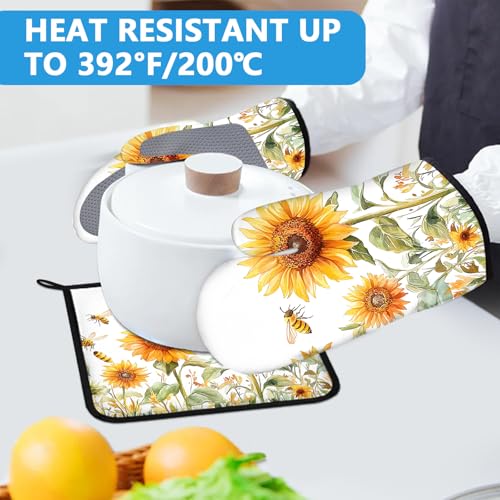 Watercolor Sunflower Oven Mitts and Pot Holders Sets Heat Resistant 4Pcs Busy Bee Potholders Oven Gloves Hot Pads for Kitchen Baking Cooking Grilling BBQ (Watercolor Sunflower and Busy Bee)