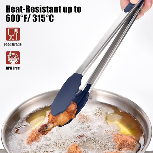 Kitchen Tongs with Silicone Tips for Cooking Serving (16in / Navy Blue)