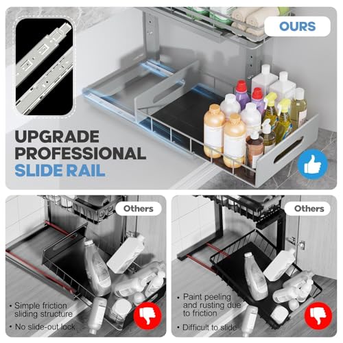 Under Sink Organizer Upgrade To Professional Rails (Gun Gray / 2 Pack-14.5"Dx12.8"-16.9"H)