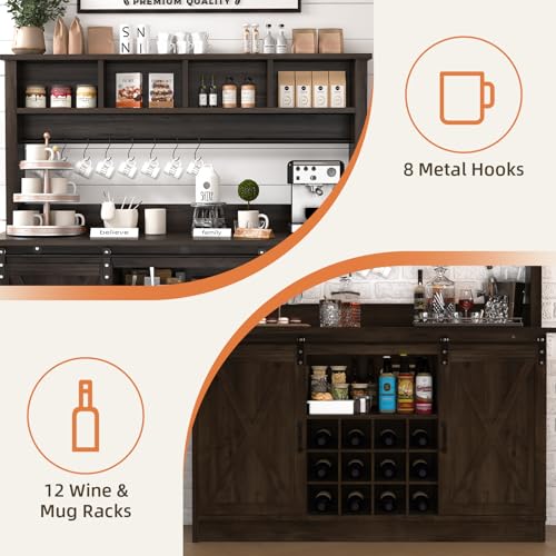 55” Farmhouse Coffee Bar with 4 Tier Storage Hutch (55.1Inch / Dark Oak)
