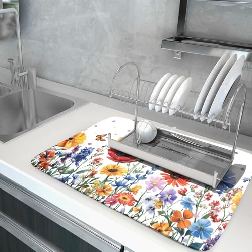Watercolor Flower Dish Drying Mat 18x24 Inch Floral Butterfly Dish Drainer Protector Pad Washable Reversible Kitchen Counter Dish Dry Pad (Watercolor Flower / 18" x 24")