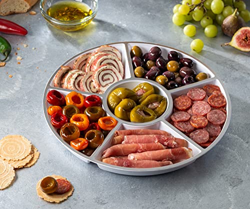 6 Sectional Round Plastic Serving Tray (White & Silver)