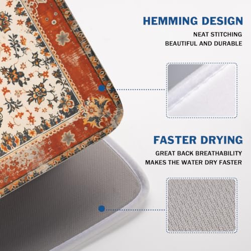 Ethnic Boho Dish Drying Mat Rust Coral Floral Decorative Dishes Pad 18x24 Inch Absorbent Fast Dry Drainer Rack Mats for Kitchen Countertop (Ethnic Boho Orange / 18x24 inch)