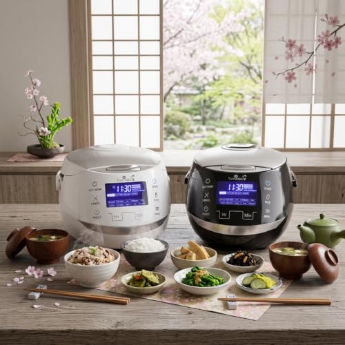 Sakura Rice Cooker with Ceramic Bowl and Advanced Fuzzy Logic (Black and Silver)