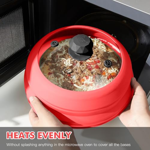 Microwave Splatter Cover Vented Glass Splatter Guard Lid with Collapsible Silicone for Food as Pot Cover 11.8 inch Large Plate for 6 7 8 9 10 11 inch Plate Bowl Red (11.8 inch / Red Lid)