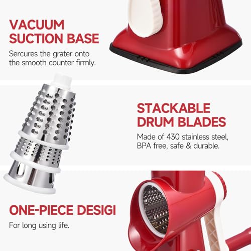 Rotary Cheese Grater with Handle Kitchen Shredder Slicer Grater Slicer Ice Shaver Cheese Vegetable Nuts Potato Zucchini Chocolate 3 Interchangeable Blades