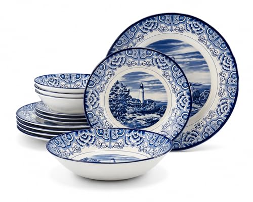 Royal 12 Piece Porcelain Dinnerware Set for 4 (Light House Dark Blue / 12)