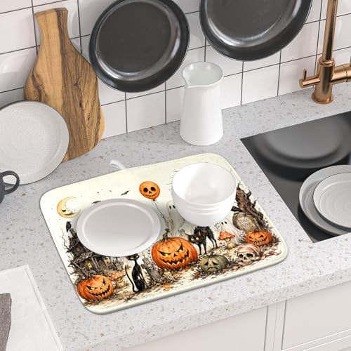 Halloween Pumpkin Ghost Dish Drying Mat Black Cat Microfiber Dishes Pad 16x18 Inch Holiday Dish Drainer Rack Mats for Kitchen Counter Sink (Pumpkin Ghost / 16x18 inch)