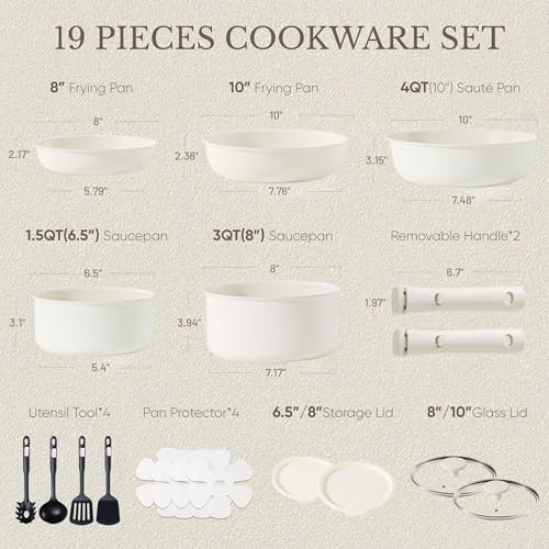 19pcs Pots and Pans Set Non Stick (Cream White / 19 Piece)